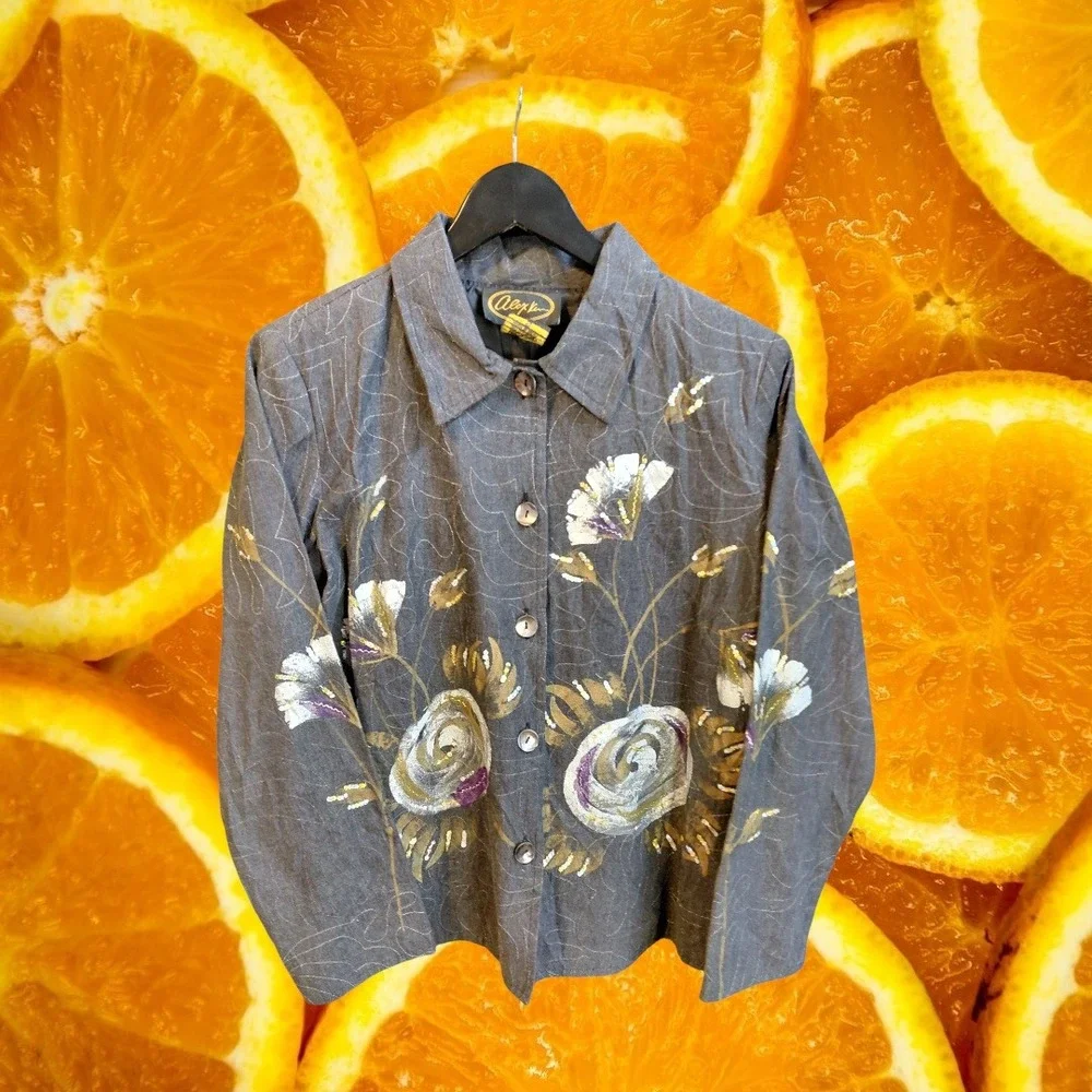 Alex Kim Gray Floral Embroidered Sequined Button Down Blazer‎ Women's Size S
